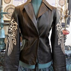 Embroidered lamb skin leather jacket